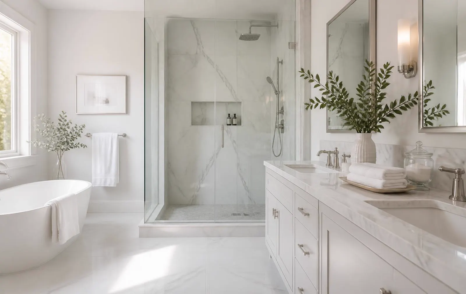 Spotless marble bathroom with sparkling glass shower