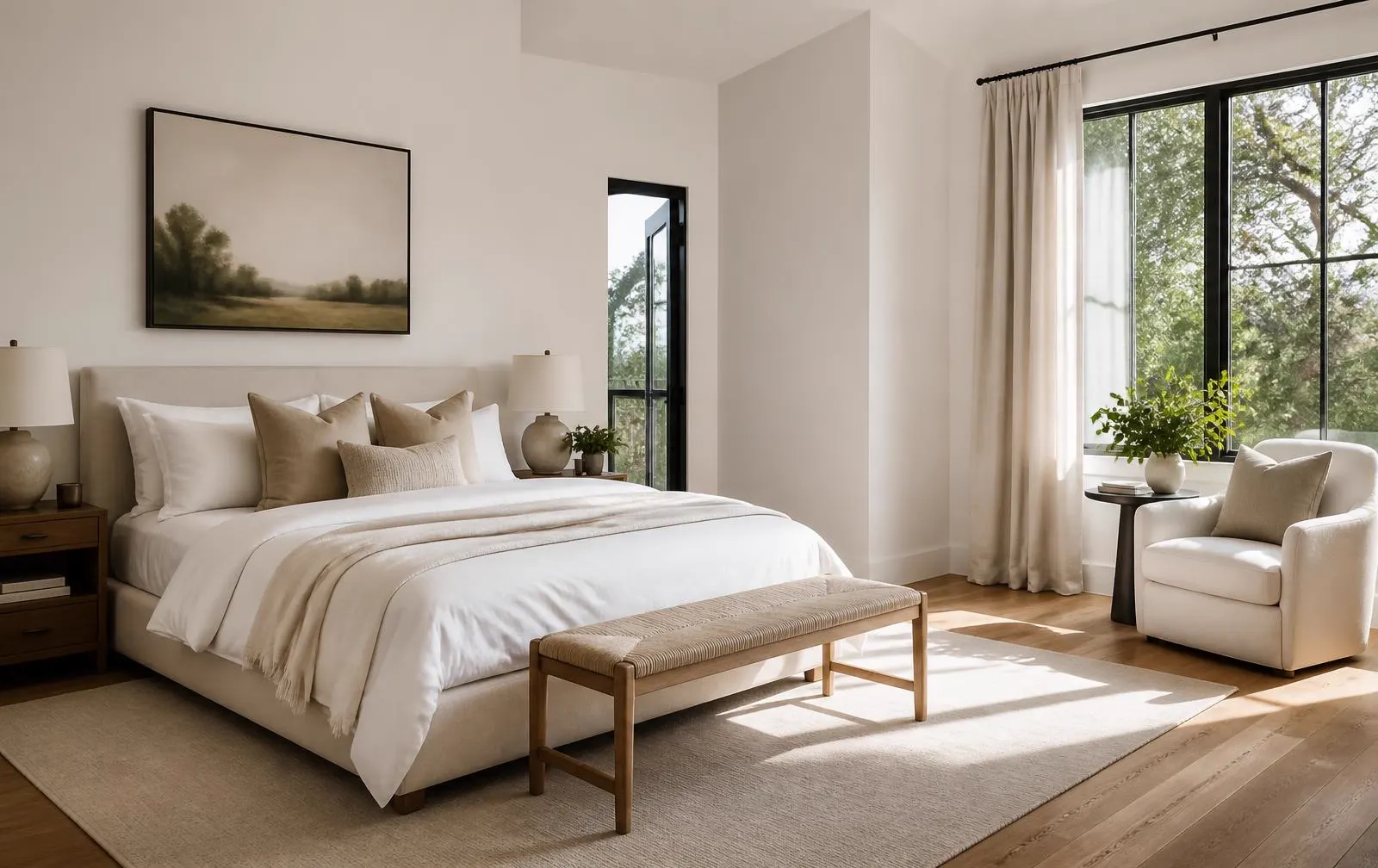 Immaculate bedroom with crisp white bedding